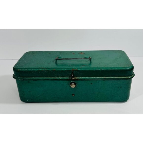 Vintage Green Metal Lockable Storage Tool Lunch Tackle Box Handle Industrial Rus - Picture 1 of 10